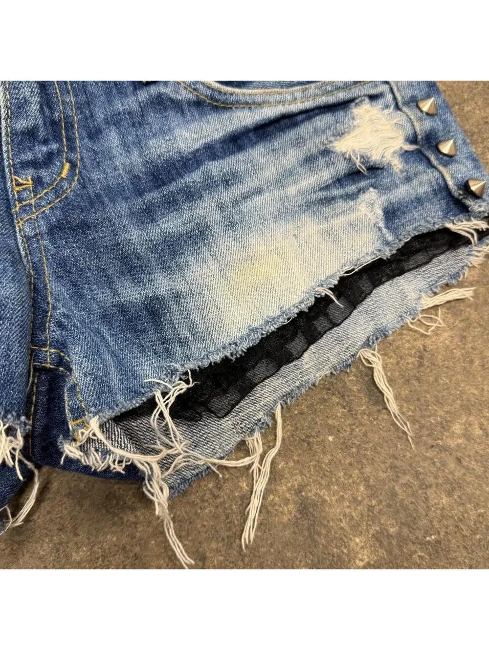 Vintage Y2K Low Rise Denim Micro Shorts Faded Spiked - Picture 4 of 8
